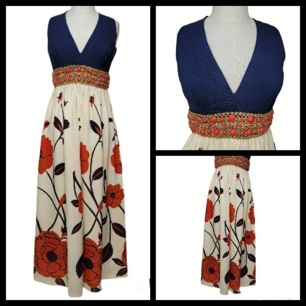 Vintage 60s 70s Union Made Maxi Dress Navy Orange Floral Skirt Beaded Waist
